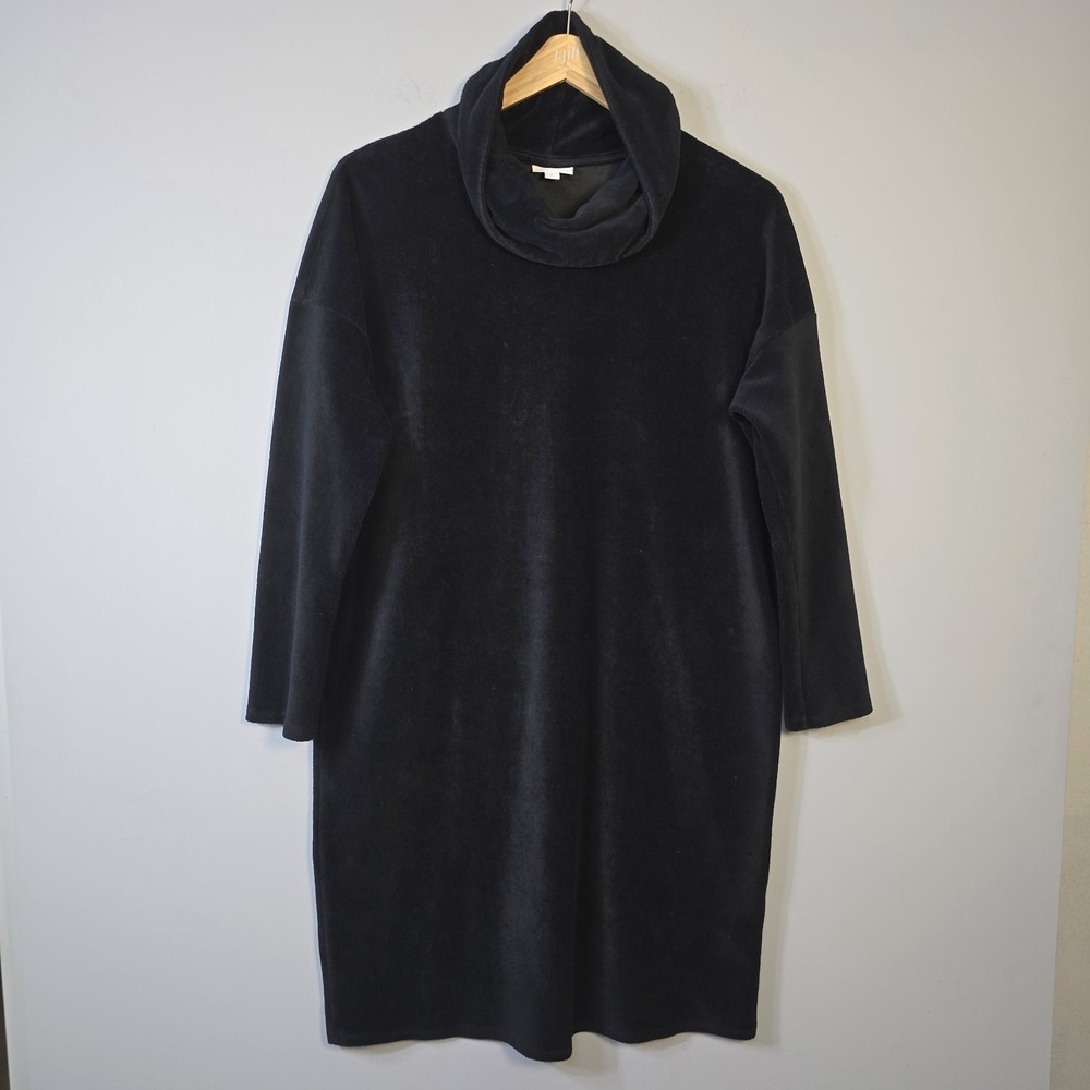 J. Jill Black Velour Cowl Neck Shift Dress XL Tall Stretch Knit Minimalist Artsy